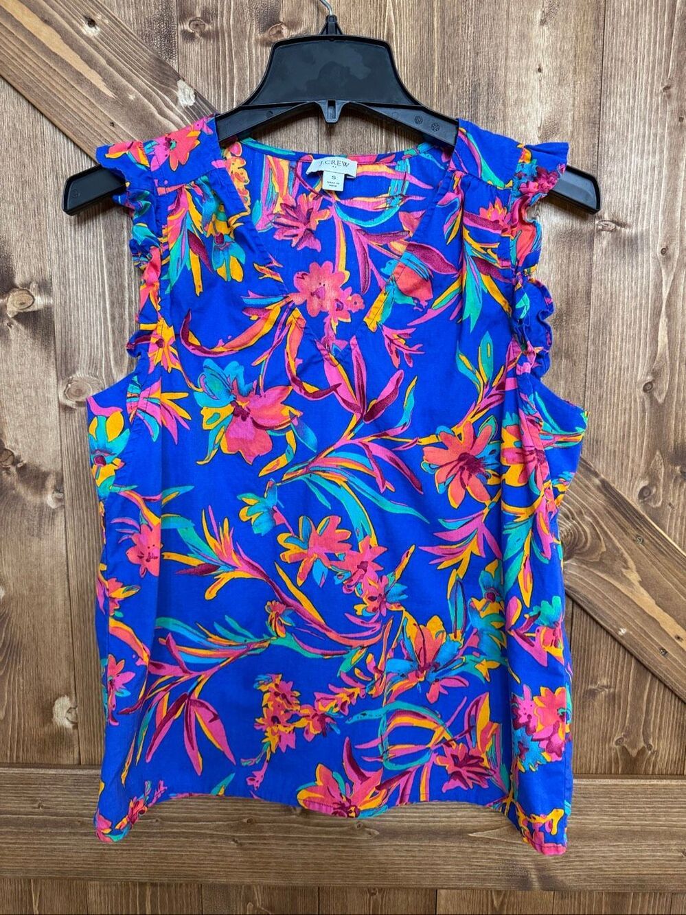 J.Crew Women’s Small Blue Multicolor Floral Ruffle Sleeveless Blouse Top (9343)
